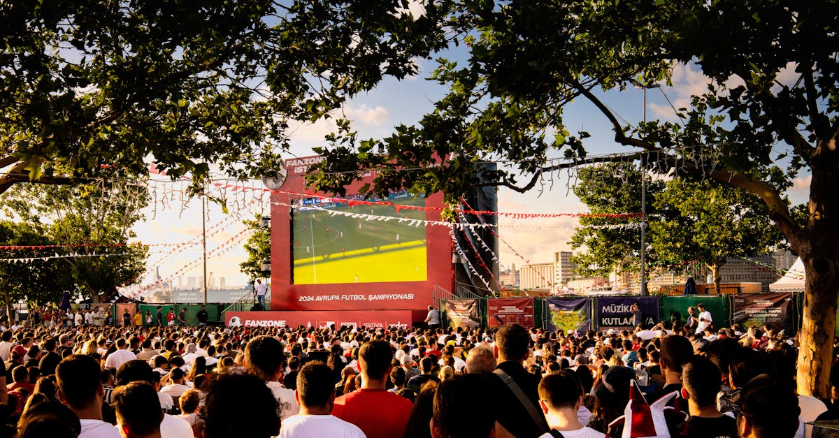 Crowd gathered in İstanbul park watching Euro football on big screen. Energetic summer atmosphere.